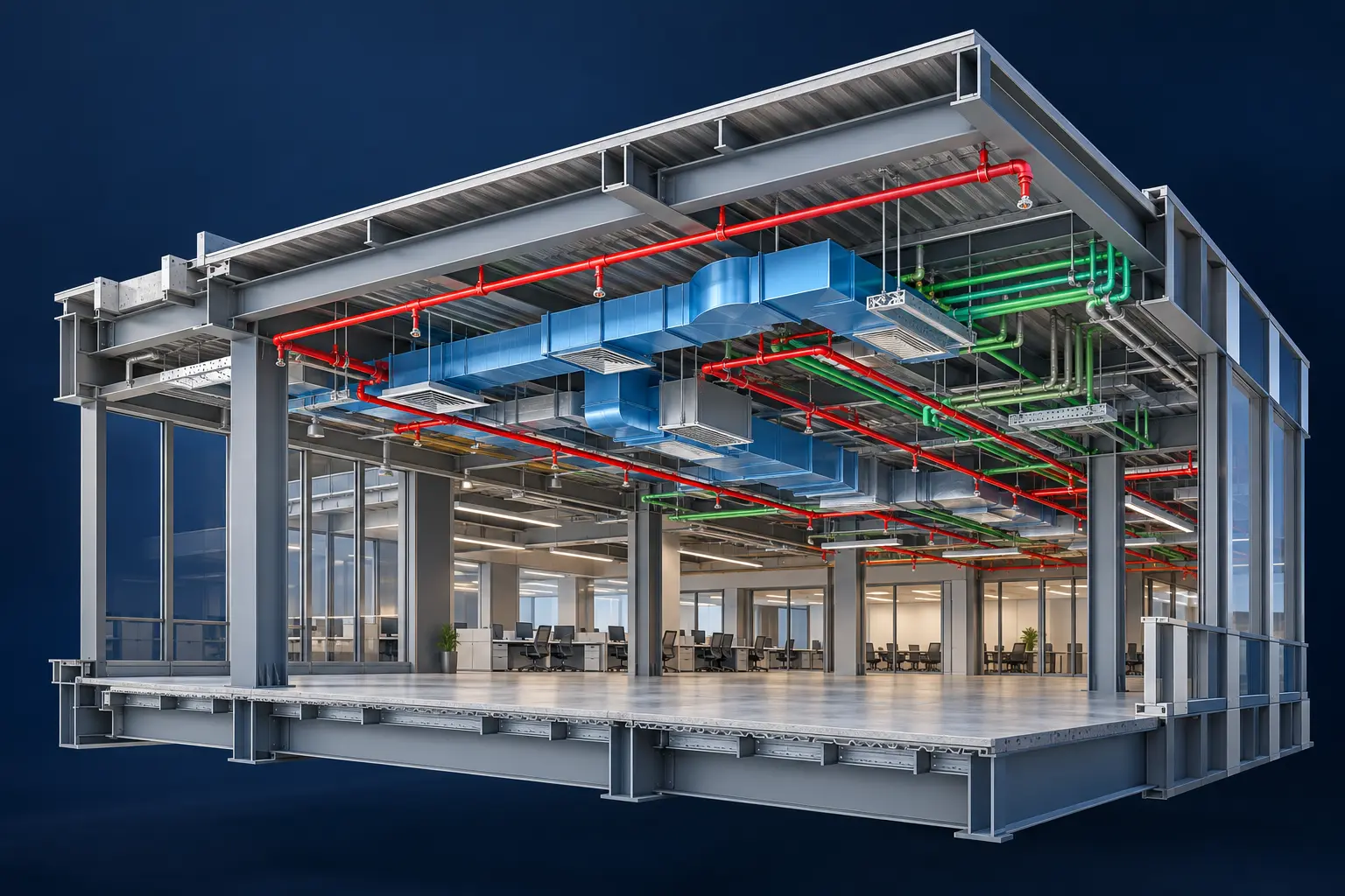 Illustrative 3D view of fire protection piping coordinated with ducts and structure